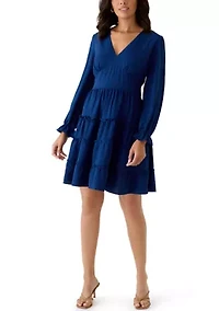 Women's Long Sleeve V-Neck Solid Tiered Airflow Mini Dress
