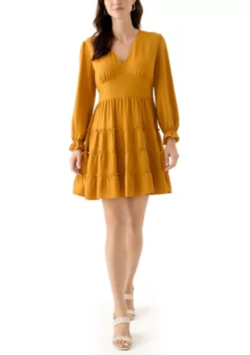 Women's Long Sleeve V-Neck Solid Tiered Airflow Mini Dress