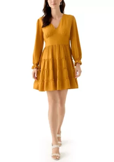 Women's Long Sleeve V-Neck Solid Tiered Airflow Mini Dress