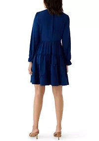Women's Long Sleeve V-Neck Solid Tiered Airflow Mini Dress