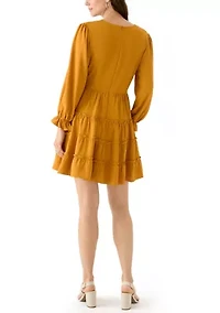 Women's Long Sleeve V-Neck Solid Tiered Airflow Mini Dress