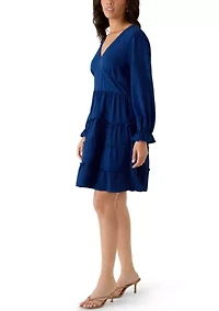 Women's Long Sleeve V-Neck Solid Tiered Airflow Mini Dress