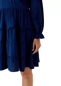 Women's Long Sleeve V-Neck Solid Tiered Airflow Mini Dress