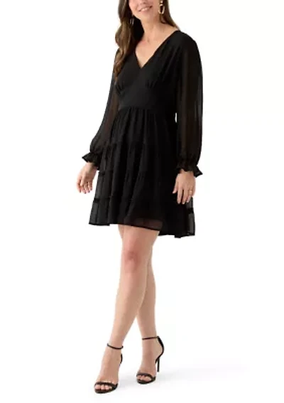 Women's Long Sleeve V-Neck Solid Tier Chiffon Mini Dress