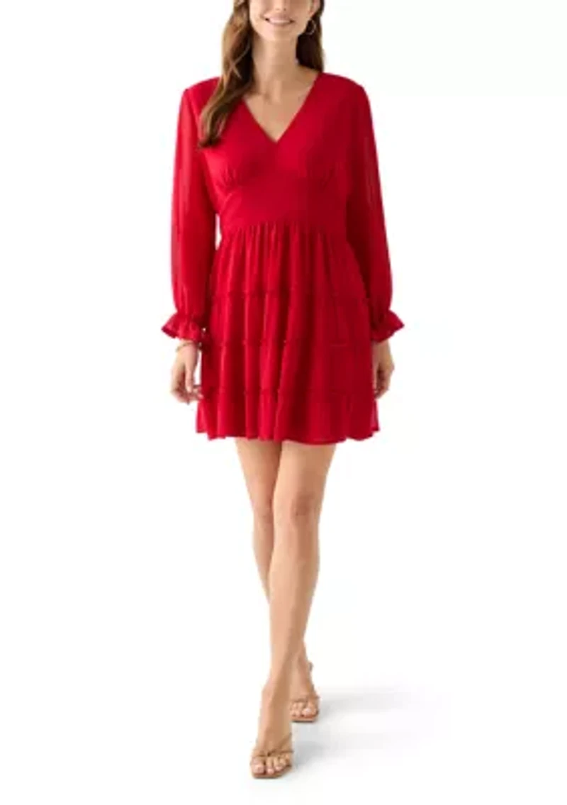 Women's Long Sleeve V-Neck Solid Tier Chiffon Mini Dress