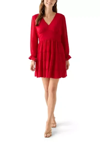 Women's Long Sleeve V-Neck Solid Tier Chiffon Mini Dress