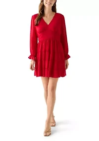 Women's Long Sleeve V-Neck Solid Tier Chiffon Mini Dress
