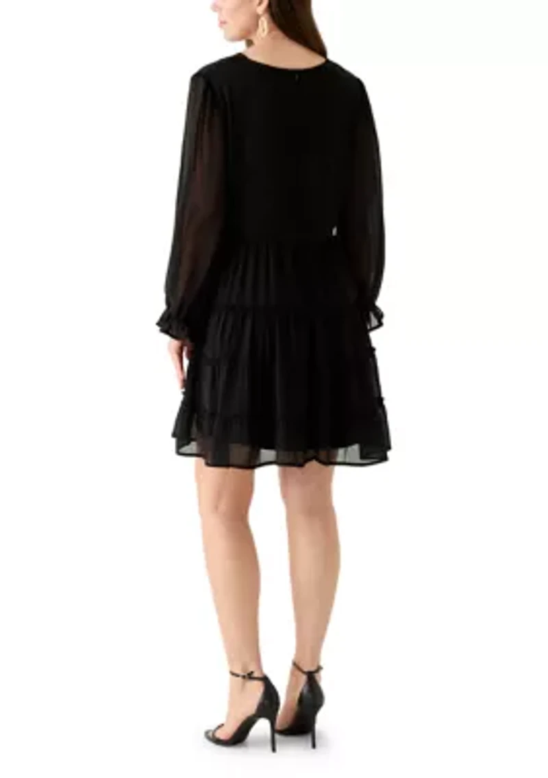 Women's Long Sleeve V-Neck Solid Tier Chiffon Mini Dress