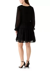 Women's Long Sleeve V-Neck Solid Tier Chiffon Mini Dress