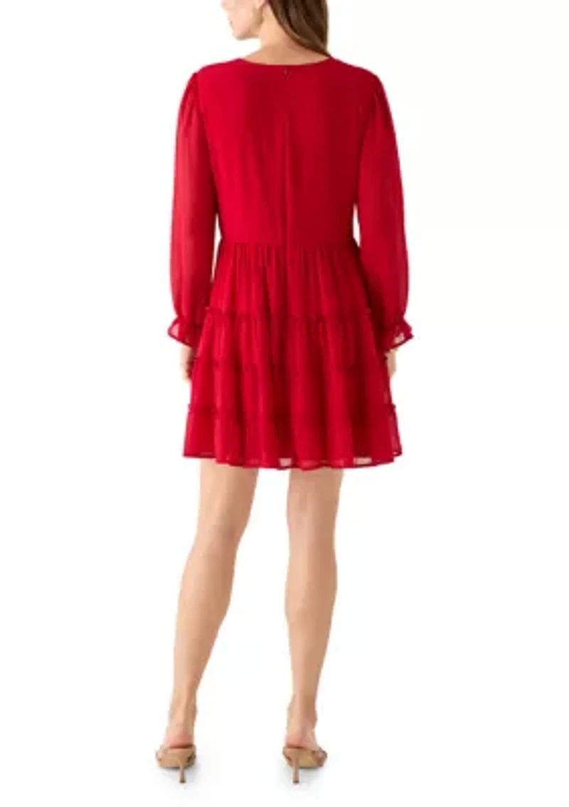 Women's Long Sleeve V-Neck Solid Tier Chiffon Mini Dress