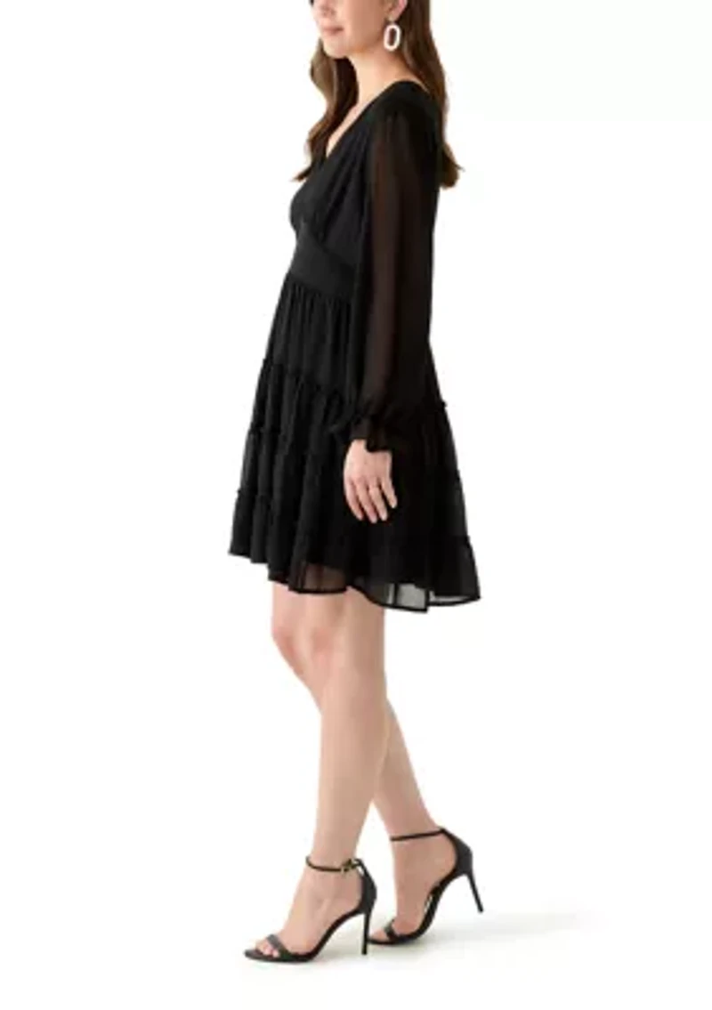 Women's Long Sleeve V-Neck Solid Tier Chiffon Mini Dress
