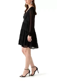 Women's Long Sleeve V-Neck Solid Tier Chiffon Mini Dress