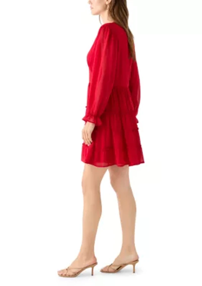 Women's Long Sleeve V-Neck Solid Tier Chiffon Mini Dress