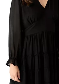 Women's Long Sleeve V-Neck Solid Tier Chiffon Mini Dress
