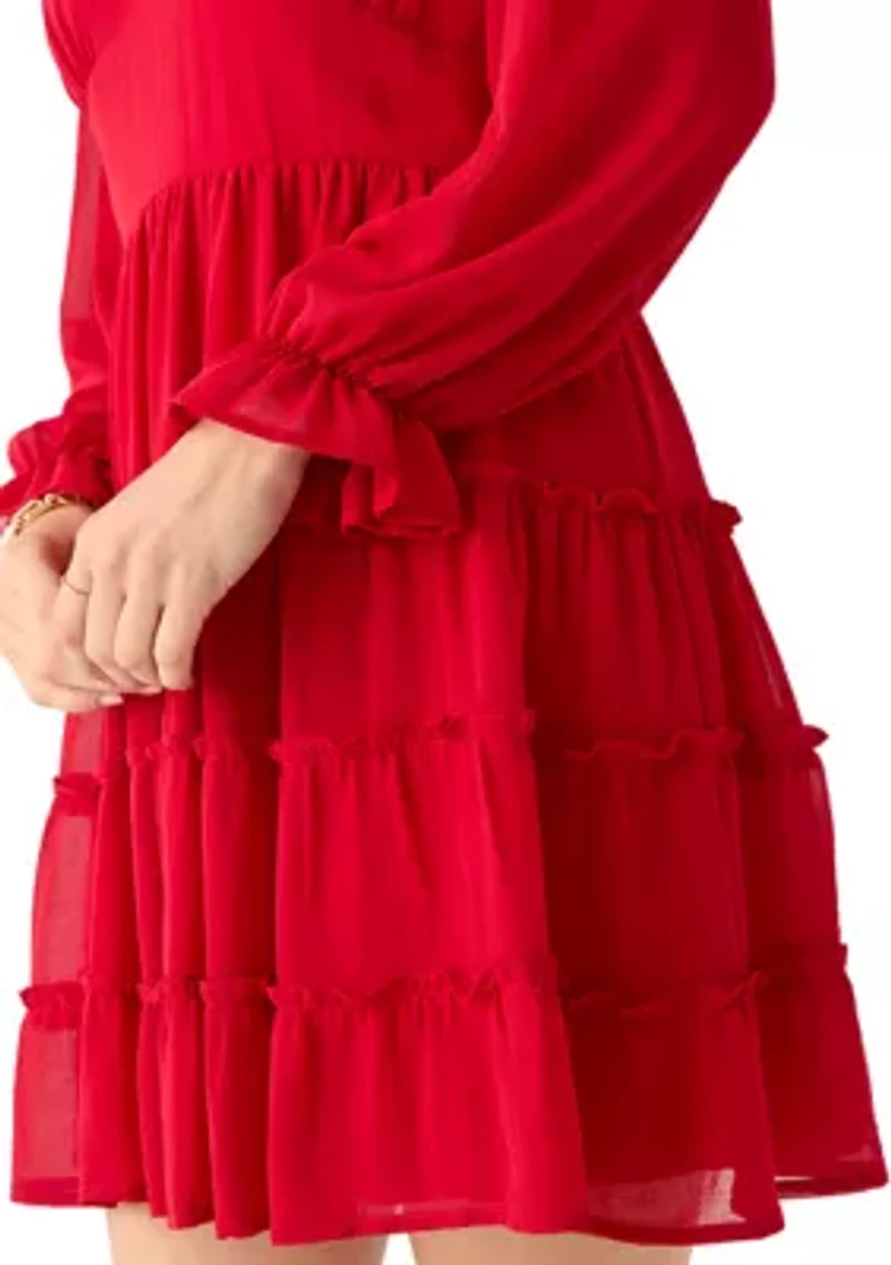 Women's Long Sleeve V-Neck Solid Tier Chiffon Mini Dress