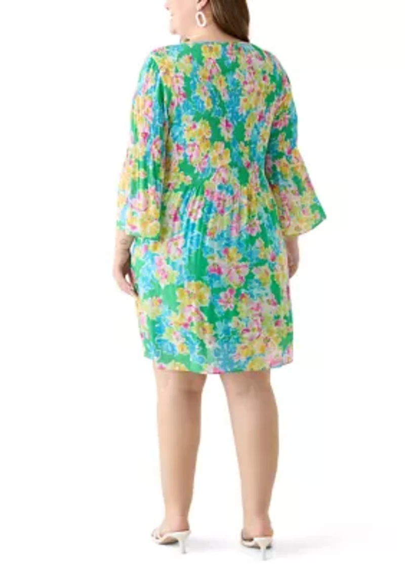 Plus Long Sleeve Keyhole Floral Pleater Dress