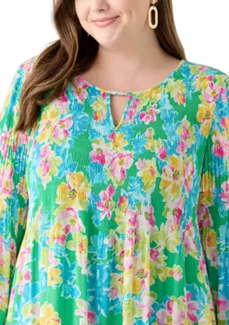 Plus Long Sleeve Keyhole Floral Pleater Dress
