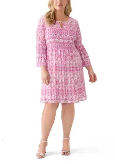 Plus Long Sleeve Scoop Keyhole Paisley Dress