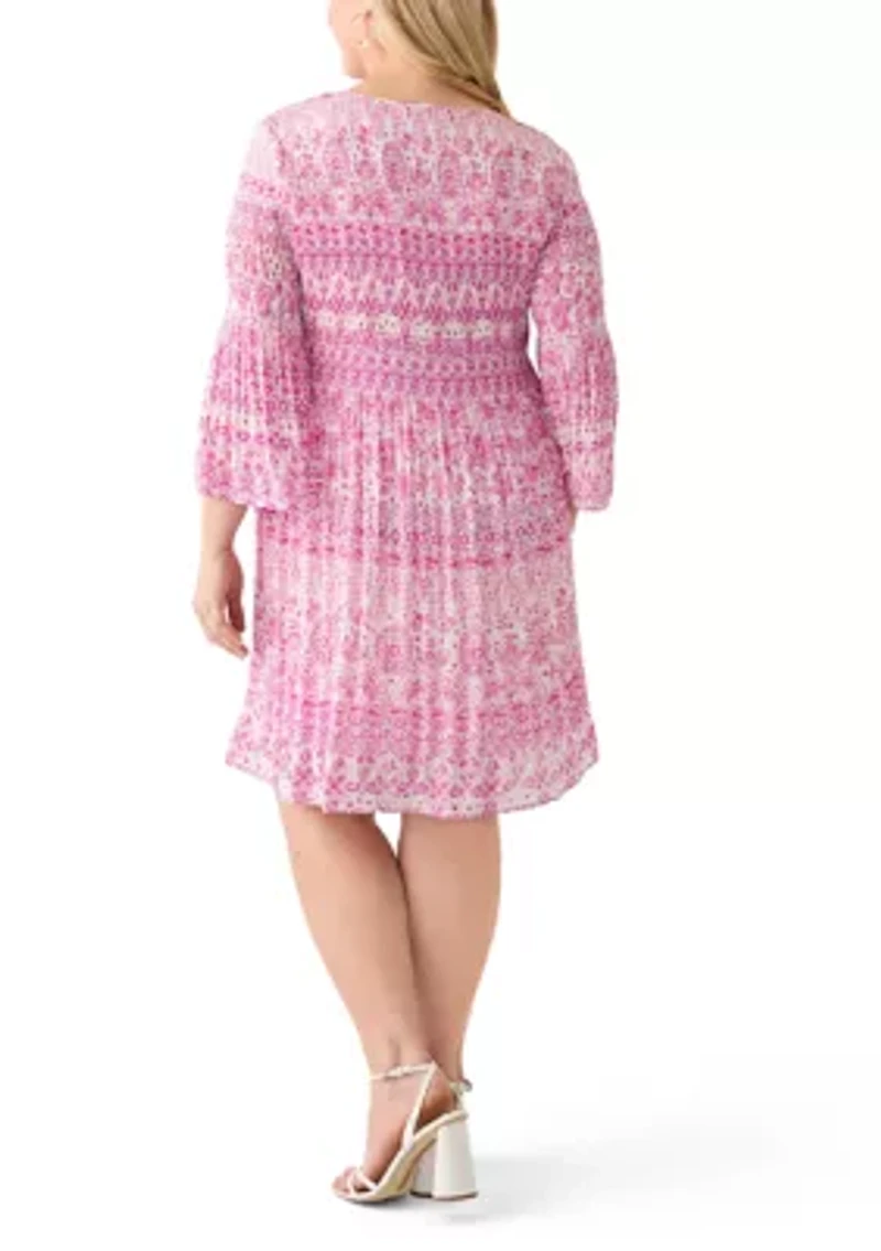 Plus Long Sleeve Scoop Keyhole Paisley Dress