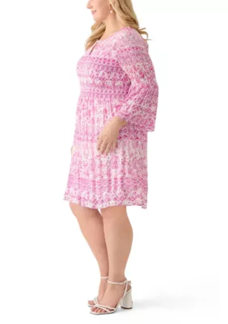 Plus Long Sleeve Scoop Keyhole Paisley Dress