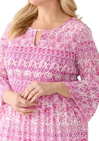 Plus Long Sleeve Scoop Keyhole Paisley Dress