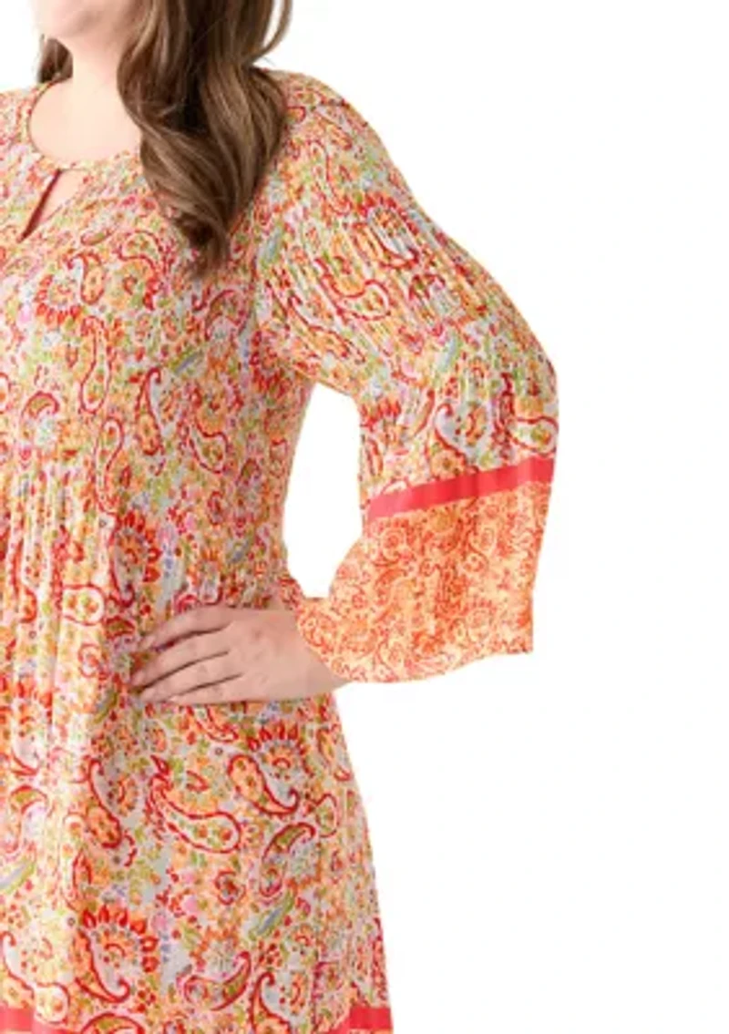 Plus Long Sleeve Keyhole Paisley Pleater Dress