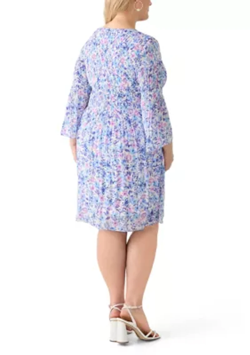 Plus Long Sleeve Scoop Keyhole Floral Dress
