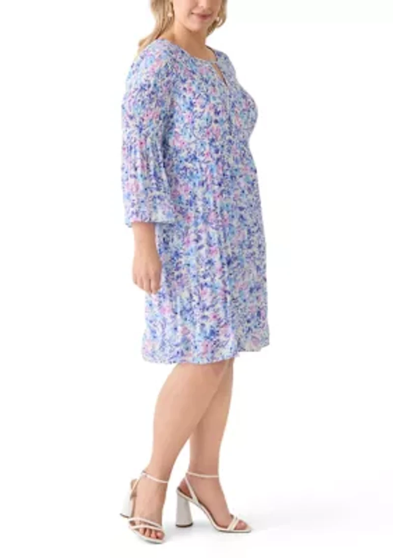 Plus Long Sleeve Scoop Keyhole Floral Dress