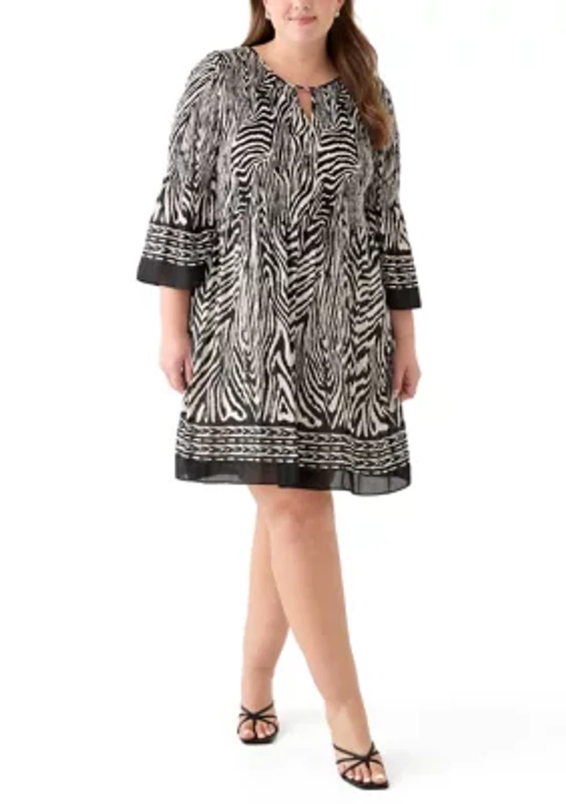 Plus Long Sleeve Keyhole Neck Printed Pleater Dress
