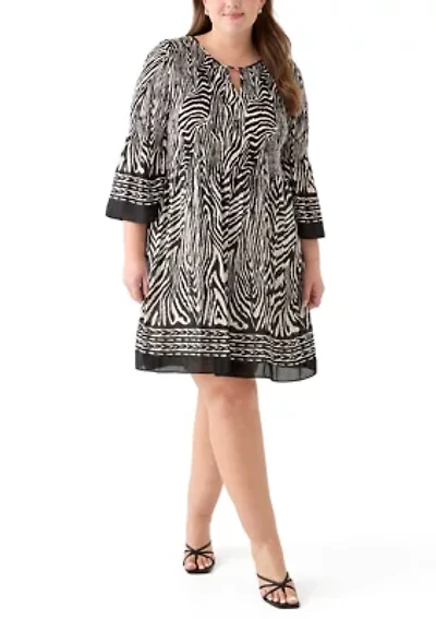 Plus Long Sleeve Keyhole Neck Printed Pleater Dress