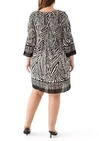 Plus Long Sleeve Keyhole Neck Printed Pleater Dress