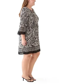 Plus Long Sleeve Keyhole Neck Printed Pleater Dress