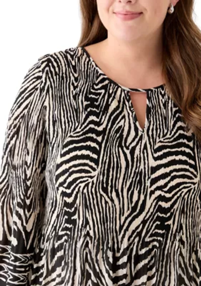 Plus Long Sleeve Keyhole Neck Printed Pleater Dress