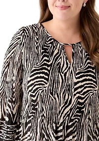 Plus Long Sleeve Keyhole Neck Printed Pleater Dress