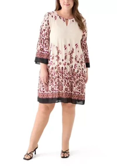 Plus Long Sleeve Keyhole Neck Floral Print Pleater Dress