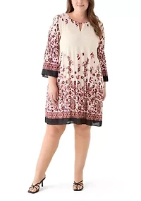Plus Long Sleeve Keyhole Neck Floral Print Pleater Dress