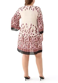 Plus Long Sleeve Keyhole Neck Floral Print Pleater Dress