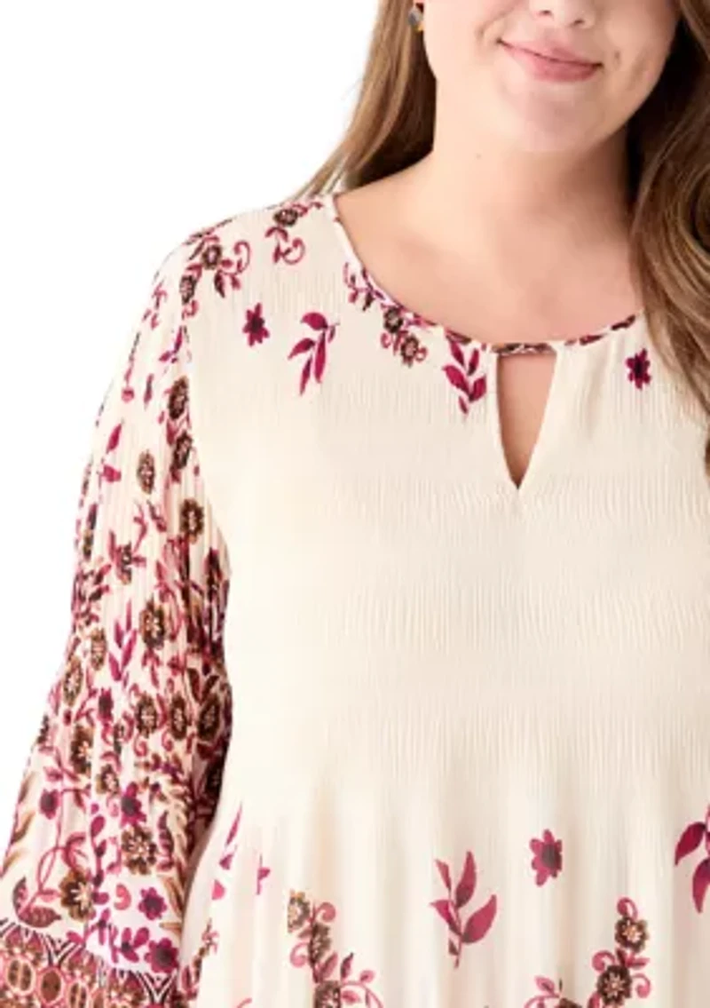 Plus Long Sleeve Keyhole Neck Floral Print Pleater Dress