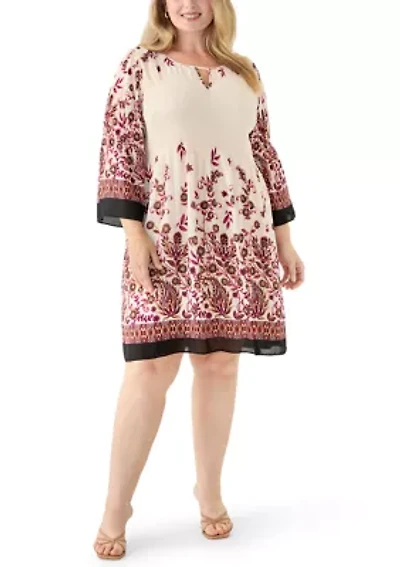Plus Long Sleeve Keyhole Neck Floral Print Pleater Dress