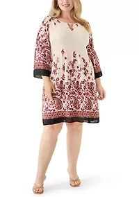 Plus Long Sleeve Keyhole Neck Floral Print Pleater Dress