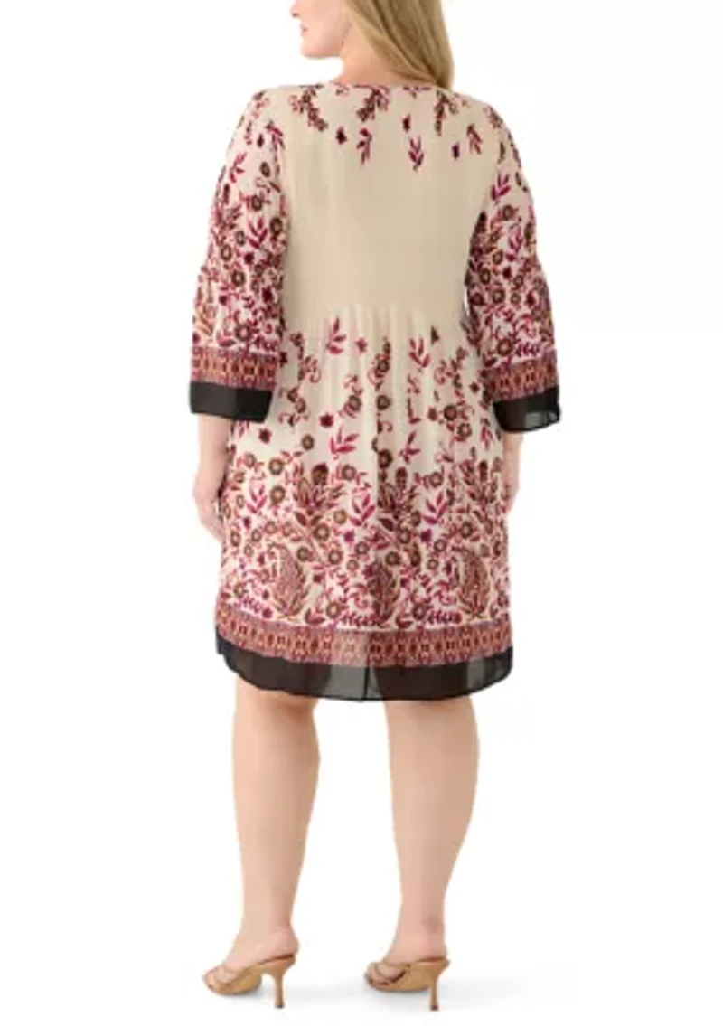 Plus Long Sleeve Keyhole Neck Floral Print Pleater Dress