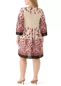 Plus Long Sleeve Keyhole Neck Floral Print Pleater Dress