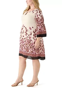 Plus Long Sleeve Keyhole Neck Floral Print Pleater Dress