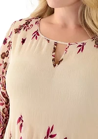 Plus Long Sleeve Keyhole Neck Floral Print Pleater Dress