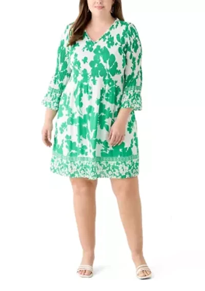 Plus Long Sleeve V-Neck Floral Print Pleater Dress