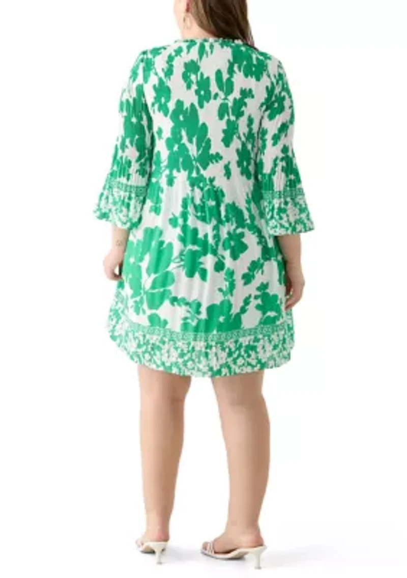 Plus Long Sleeve V-Neck Floral Print Pleater Dress