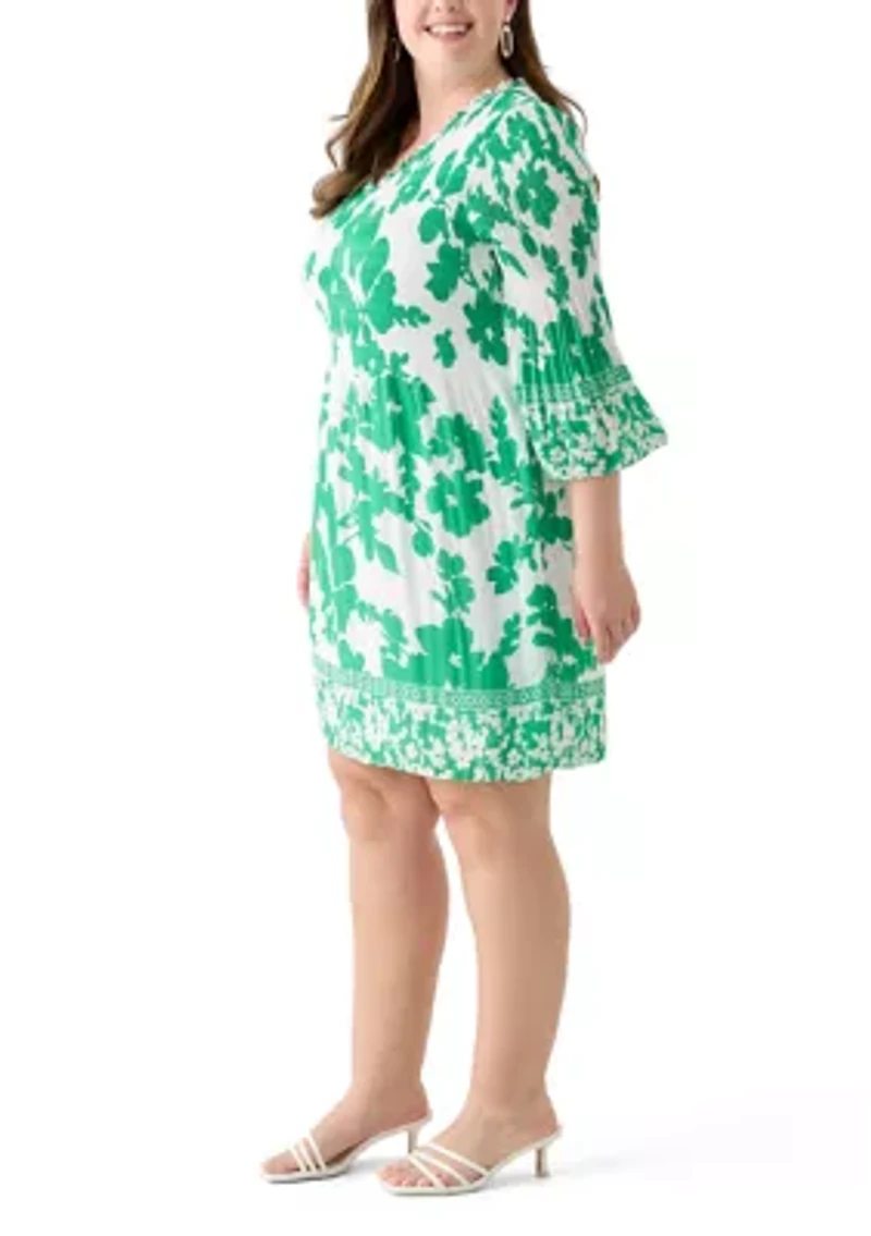 Plus Long Sleeve V-Neck Floral Print Pleater Dress