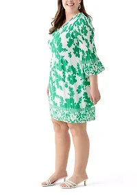 Plus Long Sleeve V-Neck Floral Print Pleater Dress