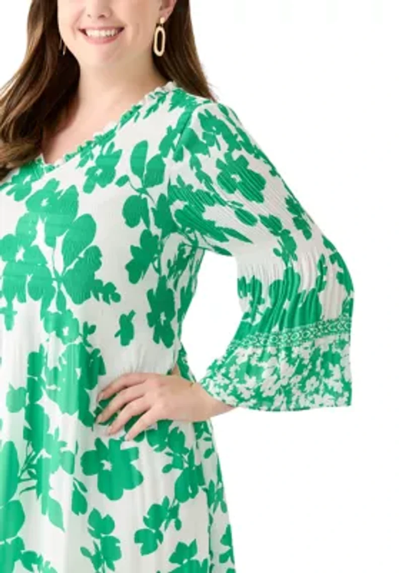 Plus Long Sleeve V-Neck Floral Print Pleater Dress