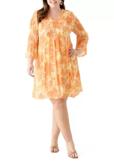 Plus Long Sleeve V-Neck Floral Print Pleater Dress